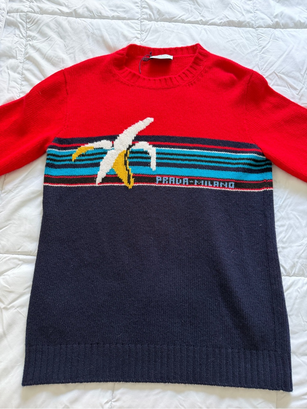 Prada Red, Navy & Yellow Banana Intarsia Crewneck Sweater